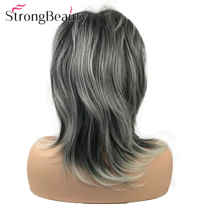 StrongBeauty Soft Fluffy Layered Shag Wig Medium Length Hair Natural Straight Black Silver White Synthetic Wigs