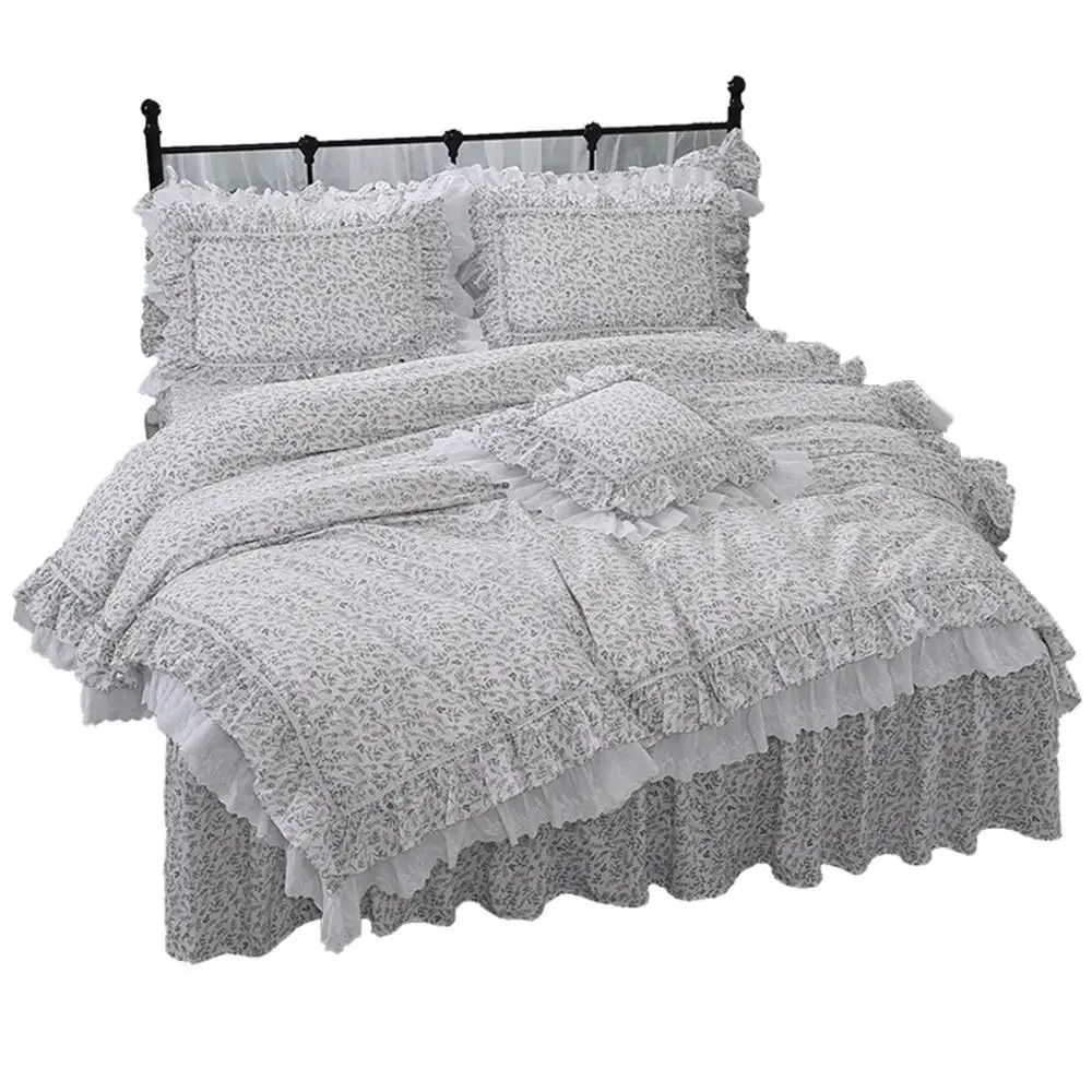 Princess modern pastoral floral ruffles luxury bedding set cotton lace embroidered thicken bedspreads ropa de cama bed skirt YYX