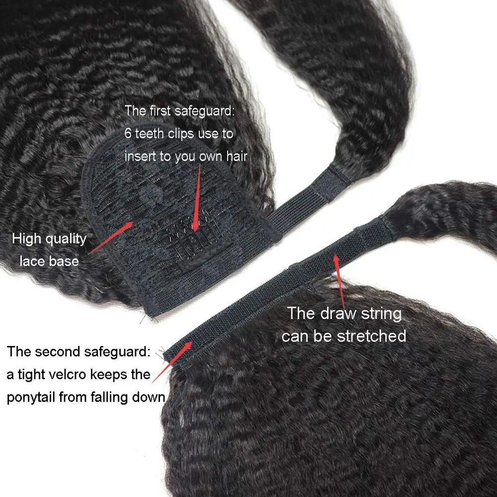 Kinky Straight Ponytail Hair Extension Clip for Women Synthetic Wrap Around Magic Paste Black Afro Pony Tail Hair 18