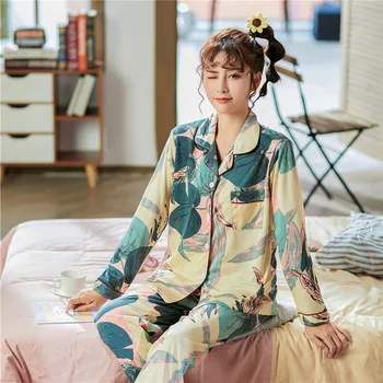 

2020 Winter Ladies Pajamas Set Cotton Turn-down Collar Color Coral Print Nightwear Long Sleeve Loungewear Large Size 4XL