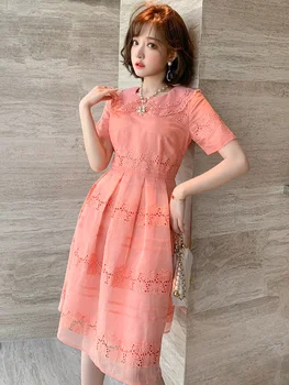 

Trendy Sweet Ageing Embroidered Cutout Doll Collar Waist Hugging First Love Dress Women's Fashion Summer New Style
