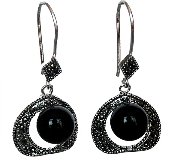 

VINTAGE 925 SILVER 8MM Red BEADS MARCASITE HOOK EARRINGS Natural jade jewelry bread silver big earrings