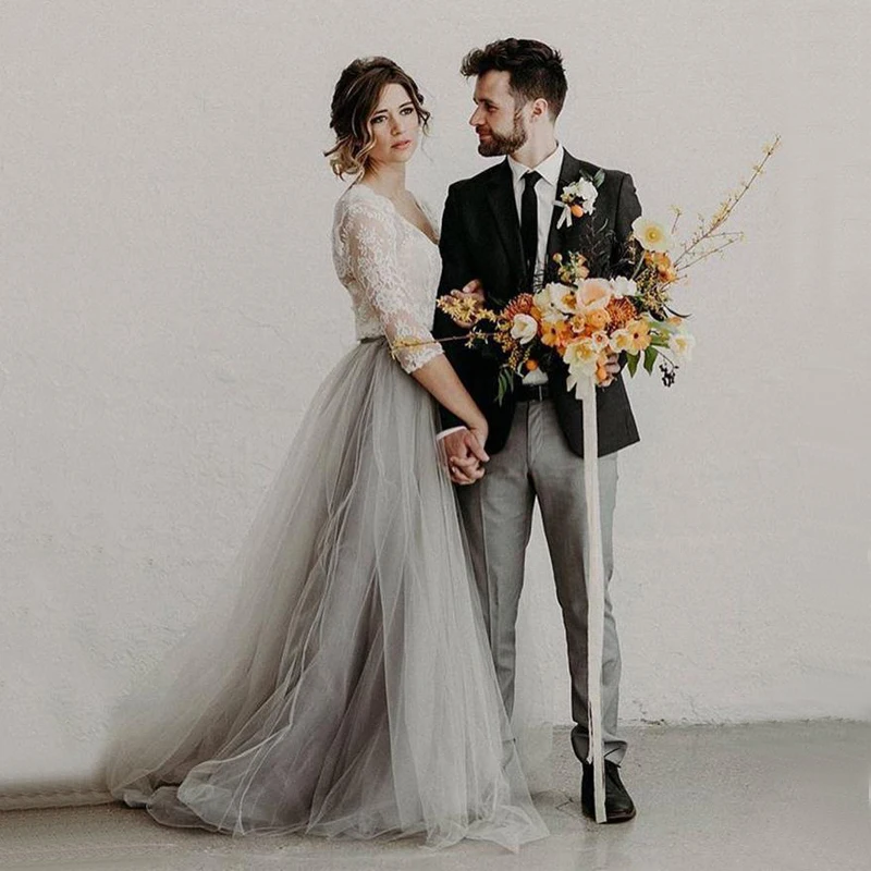Mryarce двухцветные кружевные тюлевые серые Свадебные платья с v-образным вырезом кружевное с рукавом до локтя ТРАПЕЦИЕВИДНОЕ фото платье