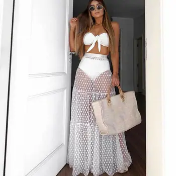 

Womens Mesh Polka Dot High Waist Cover up Skirts Pleated Beach Skirt Mesh Sheer Bikini Cover Up Bathing Swimwear Sundress