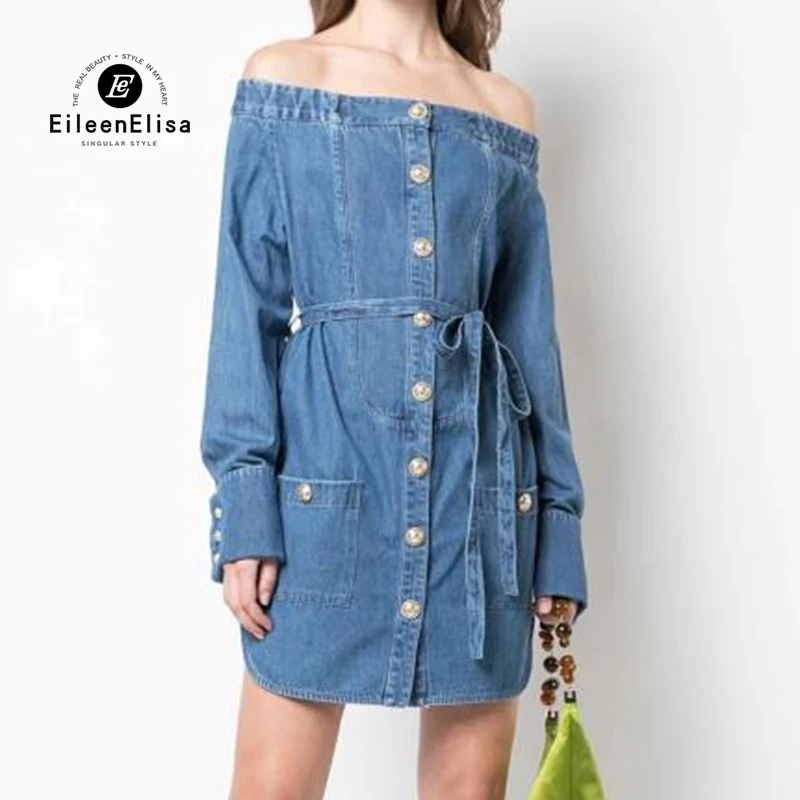 

Women Dresses Spring Casual Mini Dress Slash Neck Denim Dress For Ladies