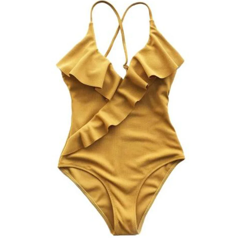Solid Color One Piece Swimsuit Yellow V Neck Tight Swimsuit Ruffle