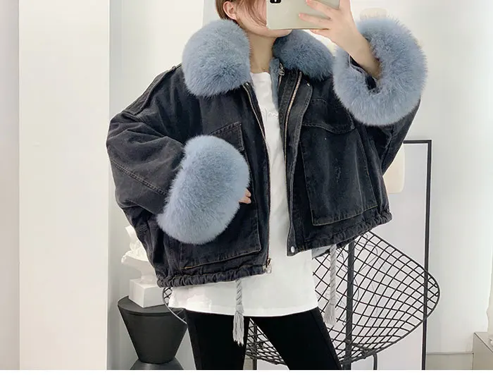 black blue fur Женская джинсовая куртка с меховым воротником из натурального Лисьего меха, настоящий мех кролика, зимняя женская теплая куртка, ветровка - Цвет: black blue fur