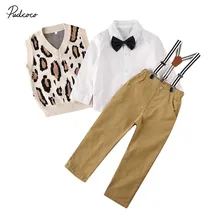 Brand 2-5Y 3PCS Infant Newborn Baby Boy Kids Clothes Cotton Shirt Top+Leopard Knit Vest+Bib Pants Outfits Formal Party Set