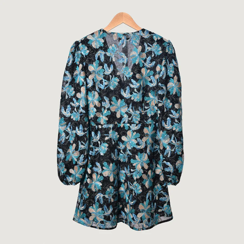 Robe en Tulle Brodee de мини-платье с блестками для женщин с v-образным вырезом Цветочная вышивка бисером винтажная Осенняя Прямая поставка