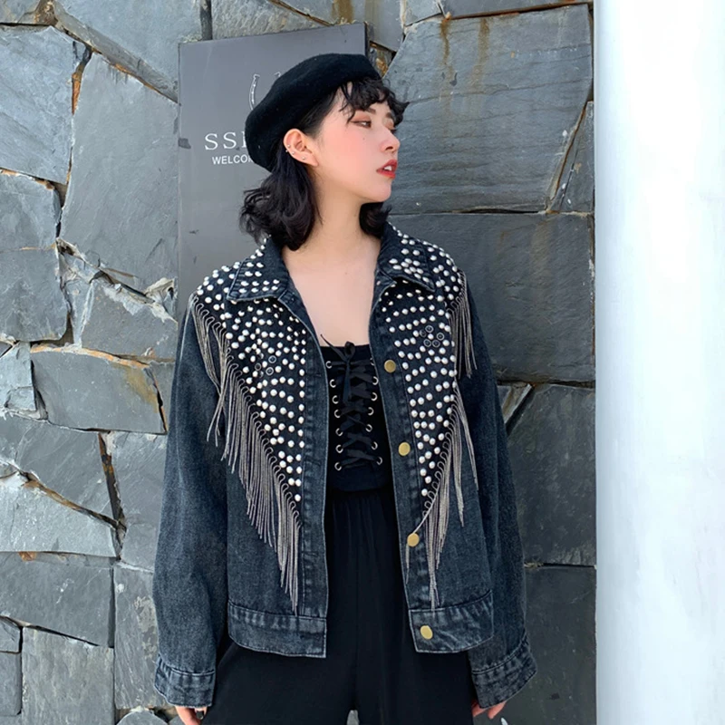 Осенняя джинсовая куртка для женщин, уличная одежда Harajuku, зимняя куртка с заклепками, однобортная куртка с кисточками и цепочкой, пальто и куртки для женщин
