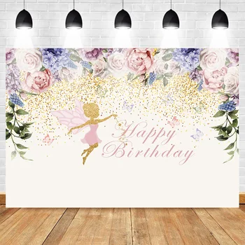 

Fairy Princess Children Birthday Photo Backdrops Pink Floral Butterflies Pixie Party Banner Background for Photography Booth