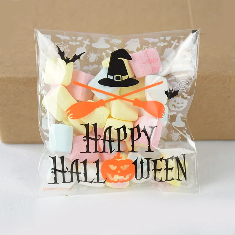 

50pcs 10*10cm Happy Halloween Gift Bags Cookie Candy Bag Plastic Packaging Bags for Biscuits Snack Halloween Party Decor Supplie