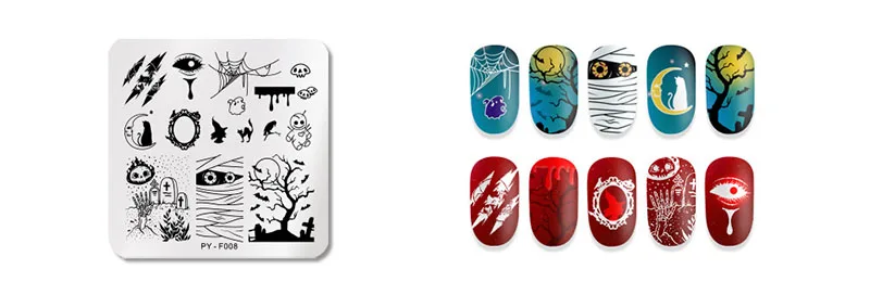 Хэллоуин ногтей штамповки пластины для дизайна ногтей Тыква призрак цветок животное геометрический узор дизайн ногтей изображение кружева штампы Шаблоны - Цвет: PY-F008