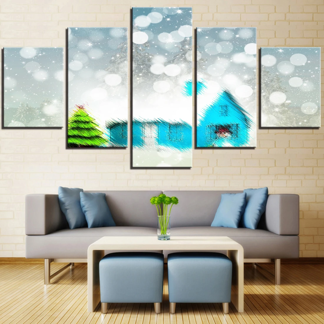 5 piezas Chirstams lienzo pintura de dibujos animados casa linda fondos de pantalla  árbol y nieve cartel de paisaje imagen de invierno para la decoración de la  habitación del hogar|Pintura y caligrafía| -
