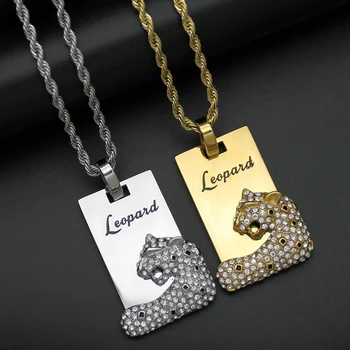 

Hip Hop Rhinestones Paved Bling Iced Out Stainless Steel Cheetah Leopard Sqaure Pendants Necklaces for Men Rapper Jewelry