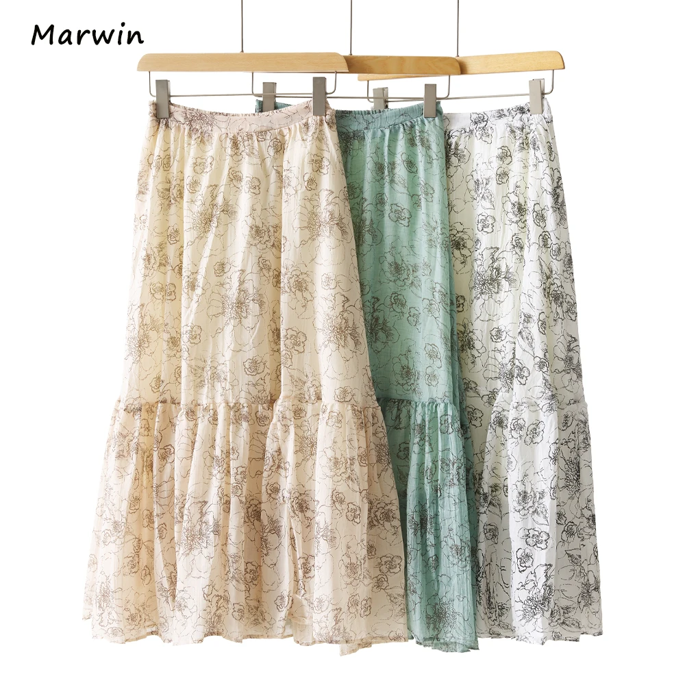 

Marwin&Friend Spring Summer Printing European Floral Pattern Empire Elastic Women A-Line Three Color High Street Style Skirts