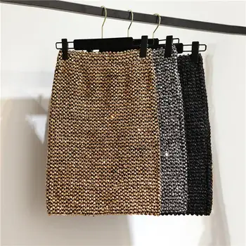 

Spring Sexy Women Solid Color Elastic High Waist Sequins Patchwork Bodycon Mini SkirtSequined Patchwork Shinny Pencil Mini Skirt