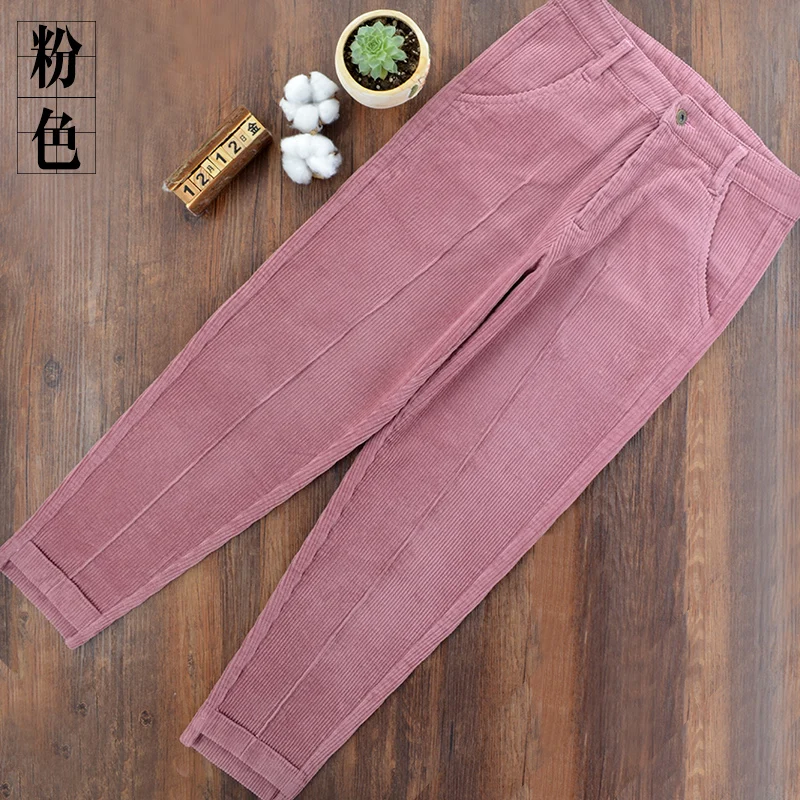 Pink Spring and Autumn High Quality Corduroy Fashion Pants Nine Pants Harlan Loose Pants Casual Vintage Student Striped Pants - Цвет: Pink