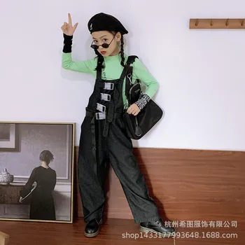 

2020 autumn new girls pants buckle tooling western style overalls casual wide-leg pants