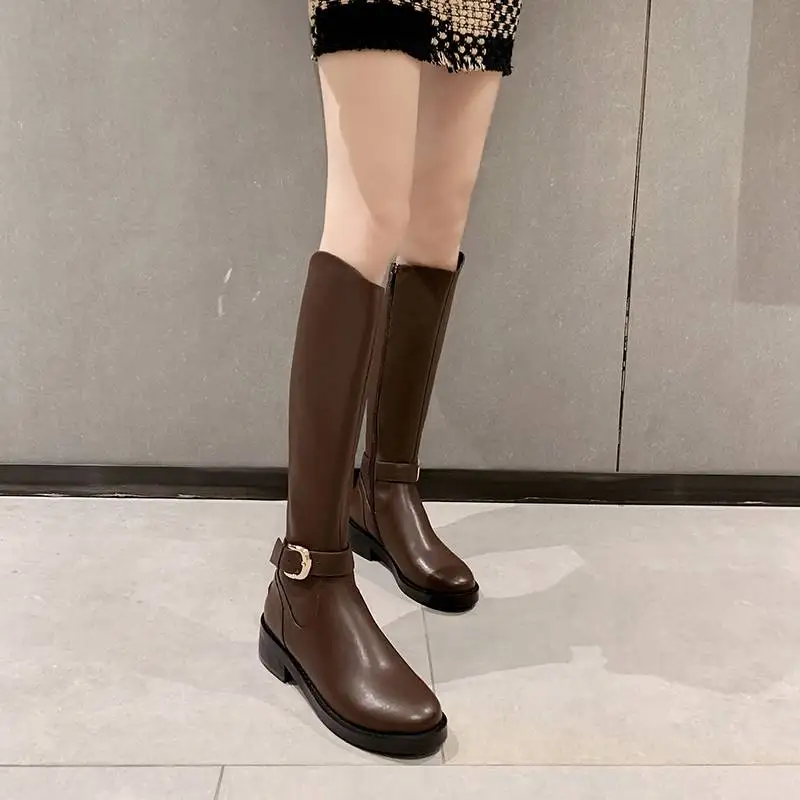coffee Krazing pot natural new genuine leather round toe med heel zipper Limited customization movie star keep warm knee-high boots L90 - Цвет: coffee