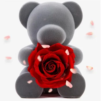

Girlfriend Valentine's DayLovely Grey Bear Preserved Rose Flower Handmade Rose In Box Love Artificial Flower Romantic Gifts