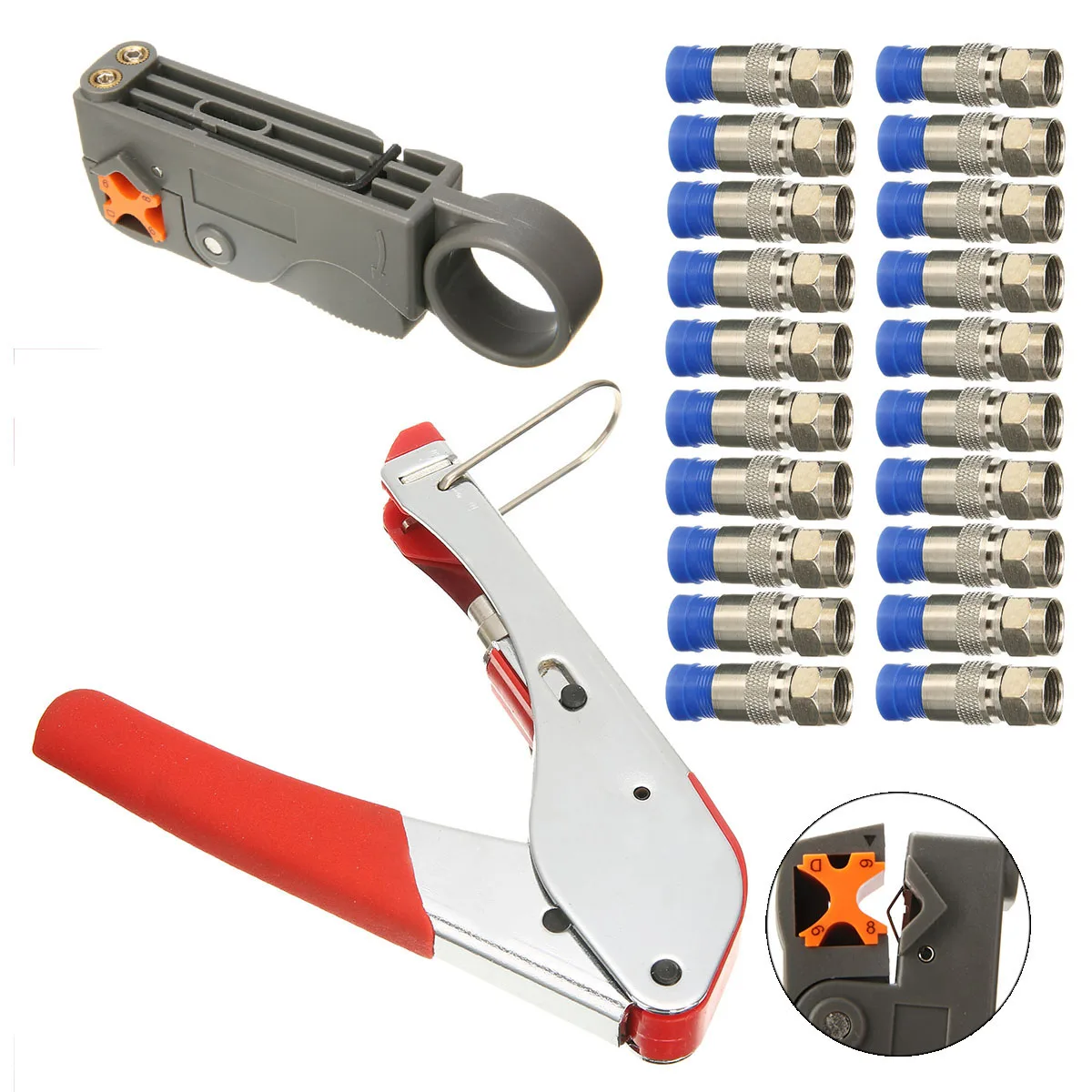 Coax Compression Crimper F-Type Compression Hand Crimping Tool + Coaxial Crimper Cable Cutter+20pcs Crimp Connectors Hand Tool