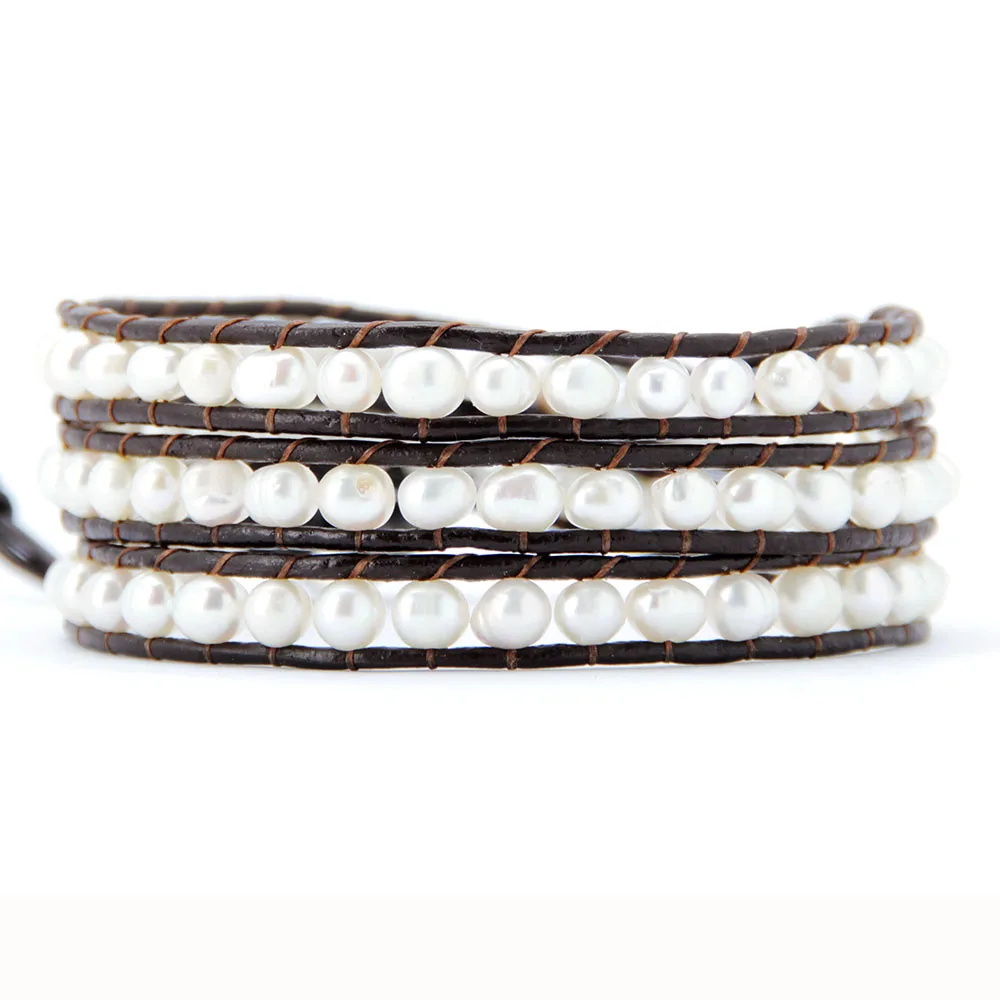 Natural Pearl Jewelry New 4-5MM Irregular Freshwater Pearl 3X Leather Wrap Bracelet Fashion Pearl Bracelet