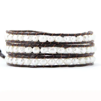 Natural Pearl Jewelry New 4-5MM Irregular Freshwater Pearl 3X Leather Wrap Bracelet Fashion Pearl Bracelet