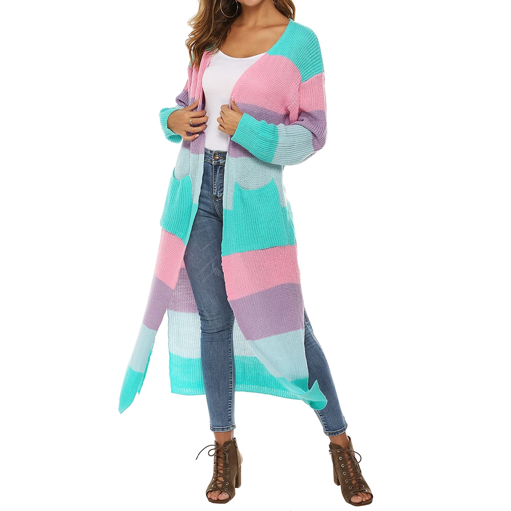 

ADISPUTENT Autumn Sweater Long Sleeve Patchwork Knitted Open Front Rainbow Striped Cardigan Women Coat Sueter Mujer Invierno