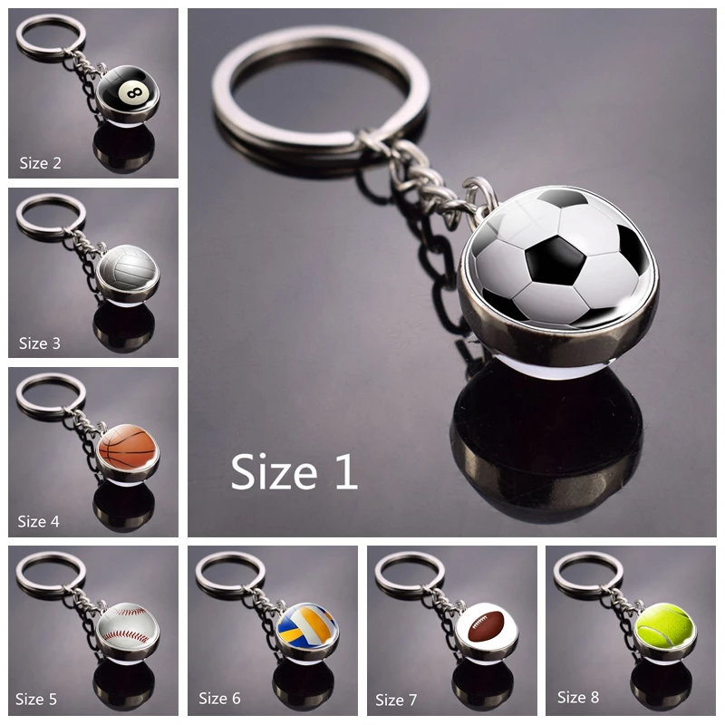 

Double Side Glass Ball KeyChain Silver Keychain Football Basketball Baseball Volleyball Tennis Rugby Softball Glass Keychain