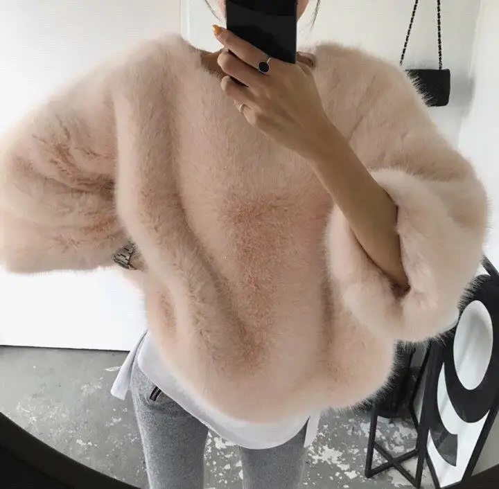 

Three Quarter Batwing Sleeve Sweater Faux Fur Loose Korean Warm Pullovers Autumn Winter Comfortable Sweater