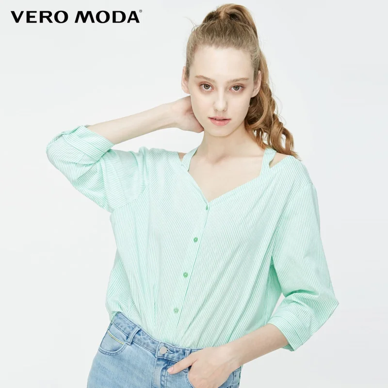 Женская Полосатая Рубашка в стиле ретро с v образным вырезом и рукавом 3/4 Vero Moda |