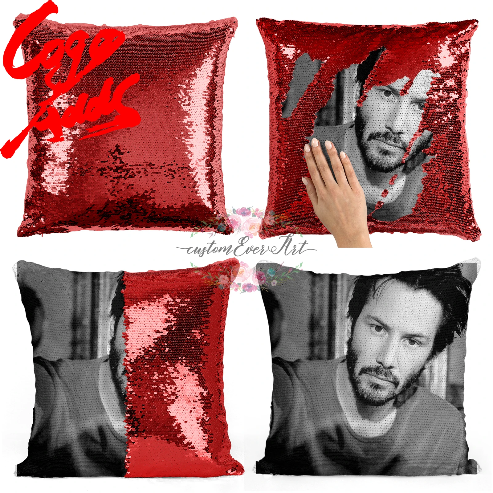 Подушка с блестками Keanu reвс | Наволочка Двухцветная подушка Подарок для нее Него