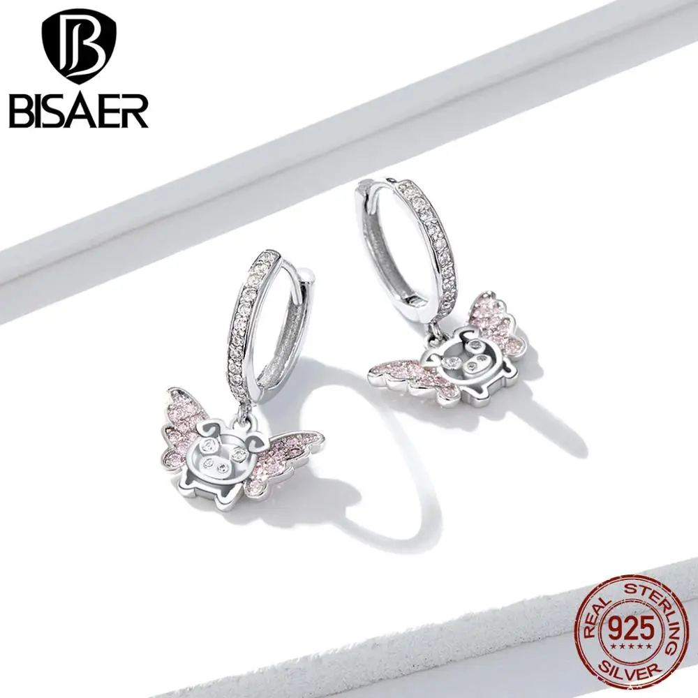 

BISAER 925 Sterling Silver Luxury Jewelry Cute Flying Piggy Pendants Dangle Earrings For Women Girl Fashion Drop Earrings GAE224