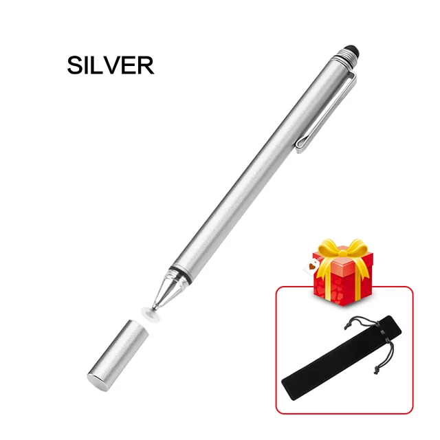 2 In 1 Stylus For Smartphone Tablet Thick Thin Drawing Capacitive Pencil Universal Android Mobile Screen Metal Note Touch Pen Silver with Hook