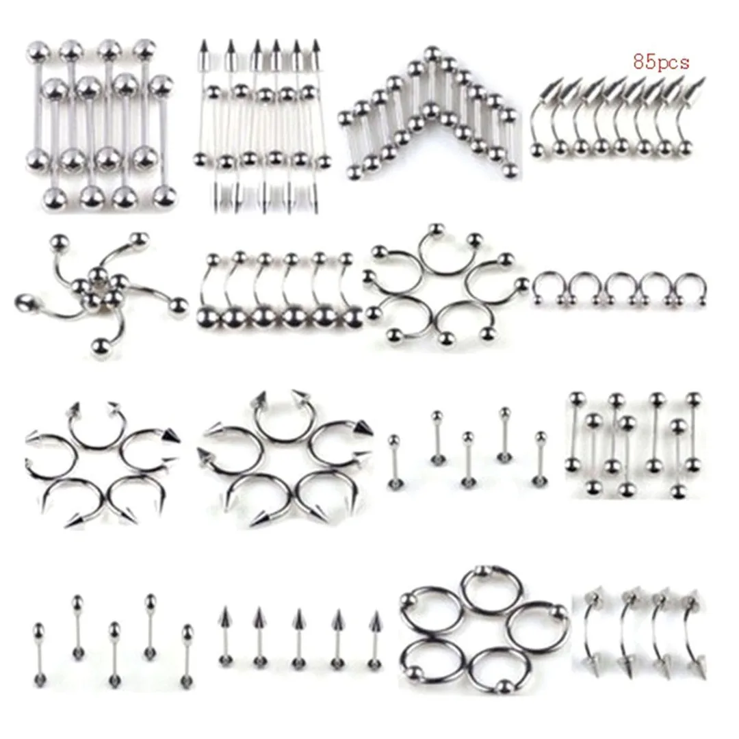 85Pcs/lot Stainless Steel Tongue Lip Labret Eyebrow Ring Belly Navel Rings Punk Nose Ring Stud Piercing Set Body Jewelry
