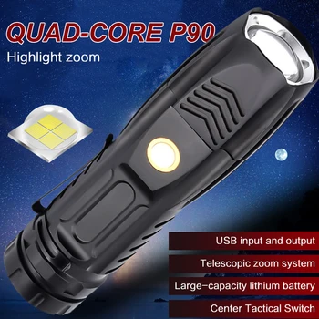 

90000LM P90 Zoom Flashlight LED USB Rechargeable Tactical Torch Headlamp For High Light/medium Light/weak Light/flash /SOS