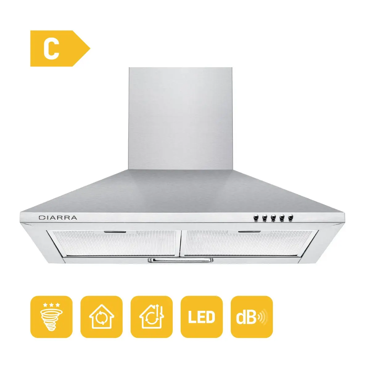 CIARRA CBCS6201 Campana Extractora Decorativa 60cm 380m³/h 65W - 3 Velocidades de Extracción - Evacuación al Exterior y Recirculación Interna por Filtro de Carbón CBCF002 - Acero Inoxidable Plata