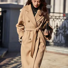 Дизайн женское осеннее зимнее Элегантное повседневное теплое шерстяное пальто двубортное с поясом розового/Красного размера плюс шерстяная куртка