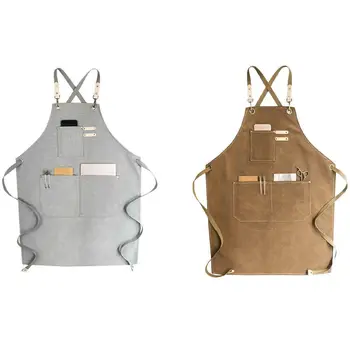 

2 Pcs Barber Canvas Cook Apron Barista Apron Catering Uniform Work Wear Anti-Dirty Overalls Light Gray & Beige