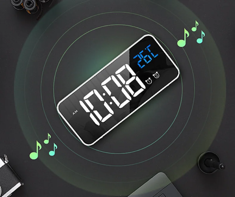 New Amazon Mirror Small Alarm Clock Multi-function LED Makeup Mirror Clock Plug-in Battery Dual-use Voice Control Alarm Clock