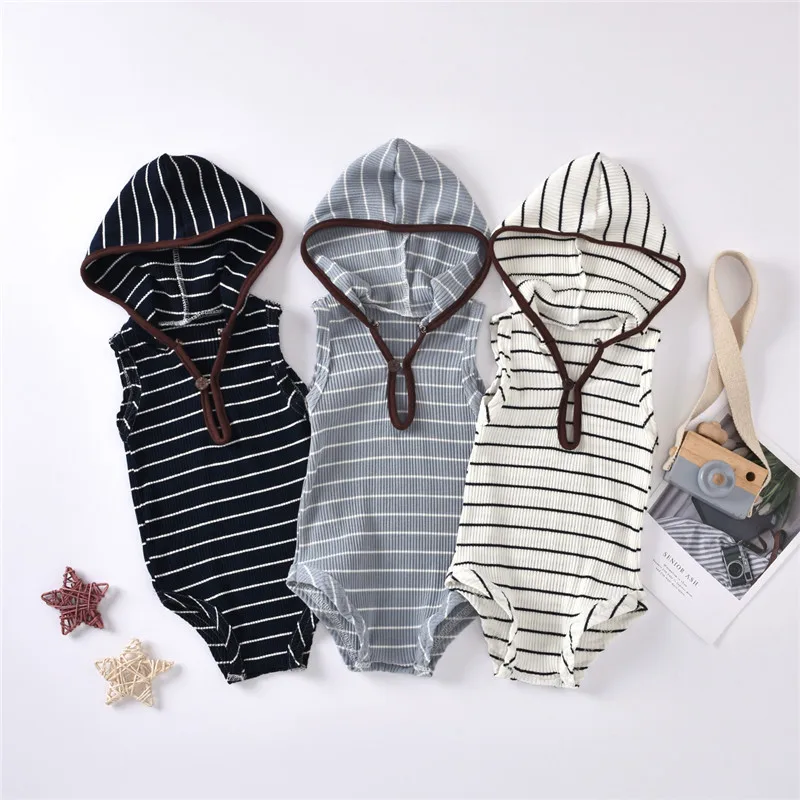 

Summer Infants Clothing Romper Top Baby Hooded Rompers Strips Print Sleeveless Sleeping Cotton Kids Clothes