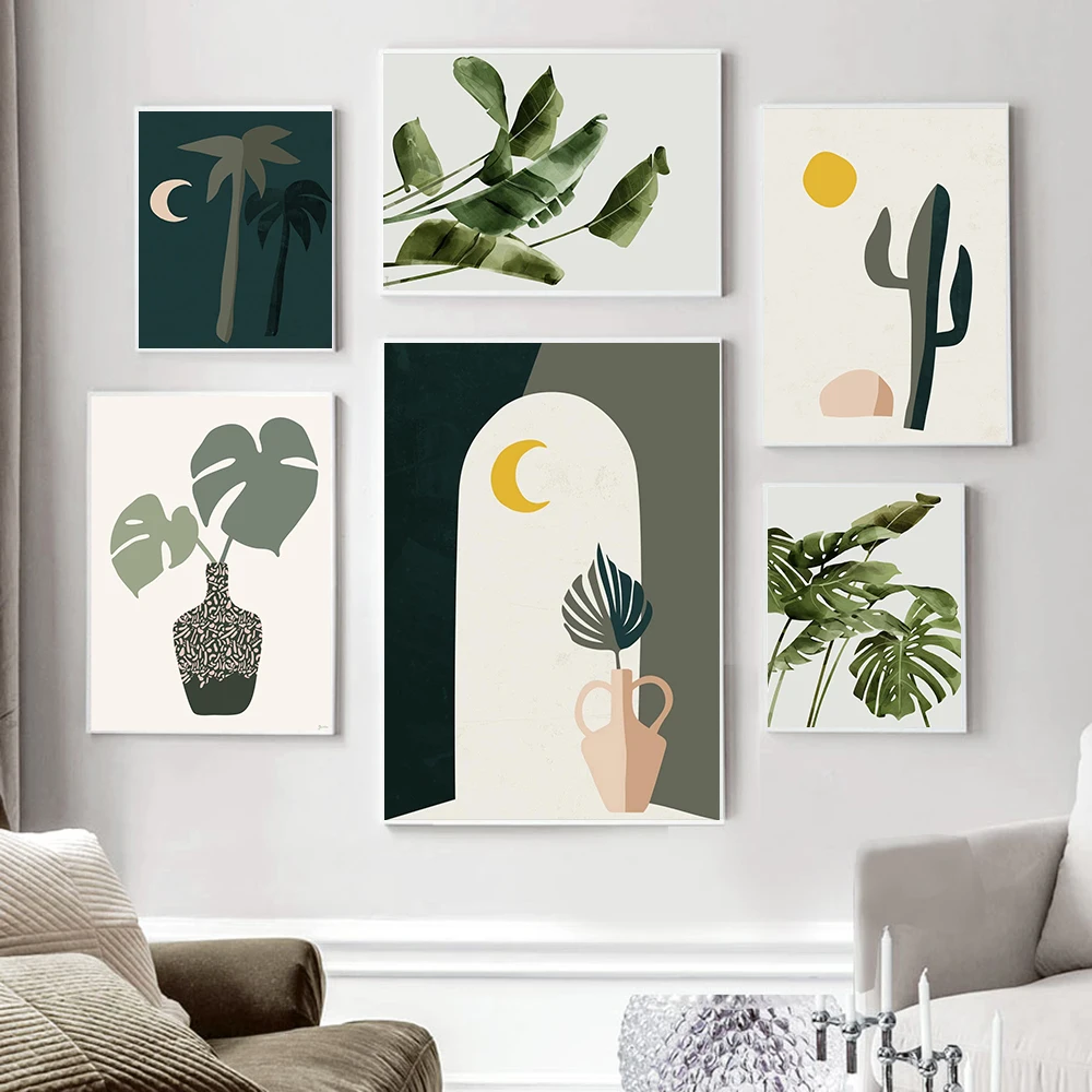 

Bohemia Style Tropical Plants Decorative Picture Green Leaves Vase Poster Modern Wall Art Canvas Paintings for Living Room