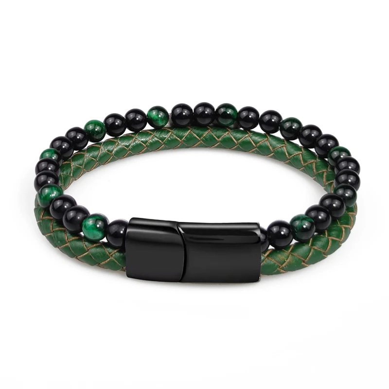 Fashion Green Stone Beads Men Bracelet Multilayer Leather Bracelet Punk Jewelry Stainless Steel Magnetic Clasp Bangles MingAo,bracelet jewelry