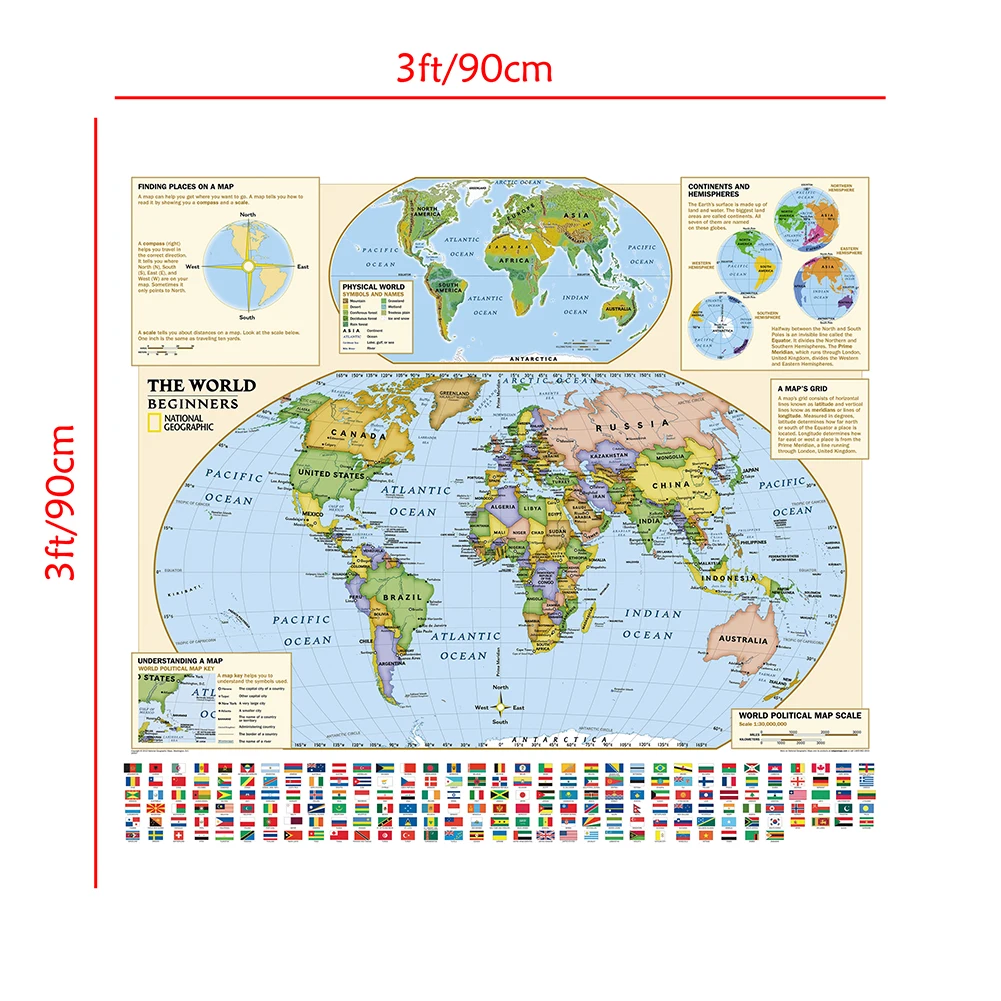 Карта мира с национальным флагом и пластиной распределения 90x90 см Нетканая акриловая струйная карта без выцветания