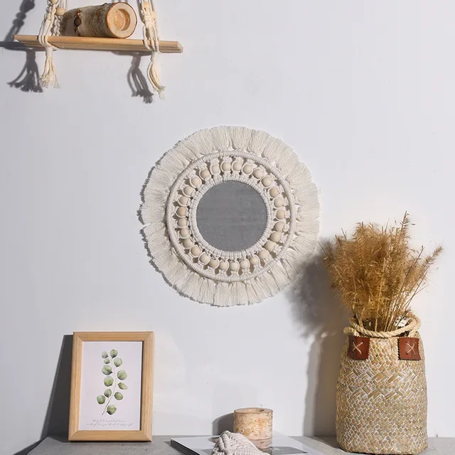 Hand Woven Bohemian Woven Leaf Feather Mirror Round Lace Mirror Wall Hanging Living Room Bedroom Wall Mirror Home Decoration 03