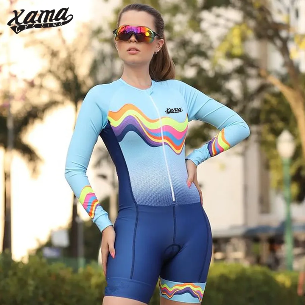 

Xama Cycling Women's Long Sleeve Triathlon Clothing Bike Skinsuit Maillot Ciclismo Go Pro Gel Pad Bicycle Jersey Set Jumpsuit