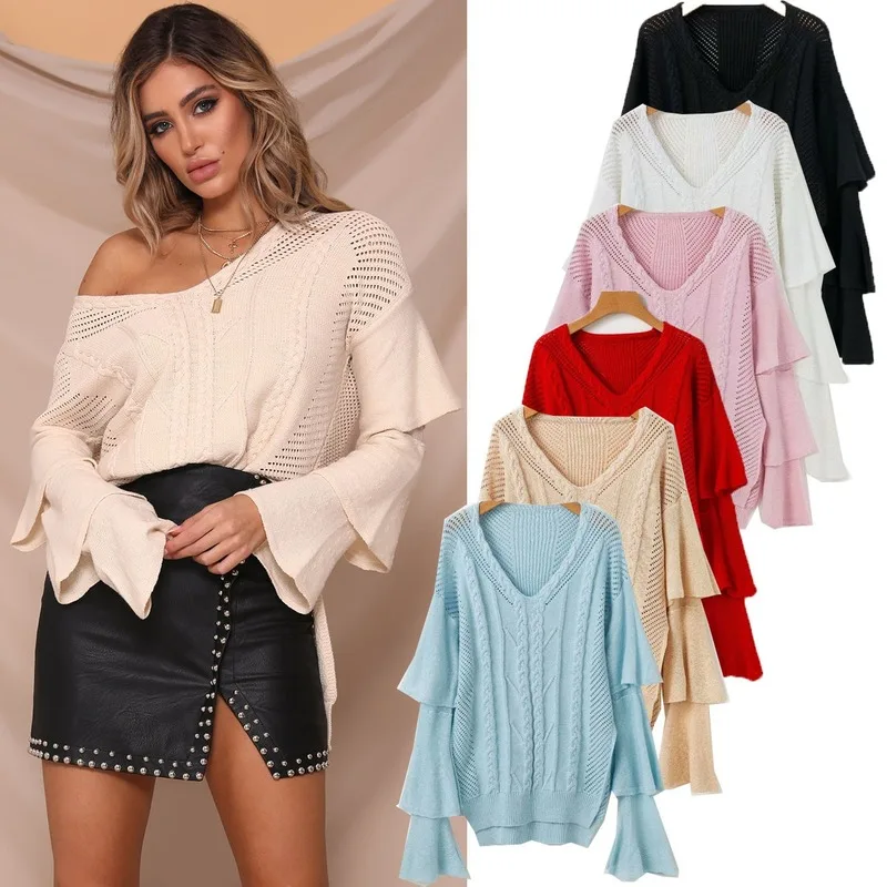 

Women pullovers winter jumpers knitwear openwork side slits women's sweater trumpet sleeves loose sweater