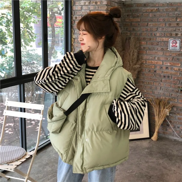 

Autumn Solid Color 2019 Loose-Fit Korean-style CHIC Versatile Winter New Style Hooded Cotton-padded Clothes Waistcoat Straight-C