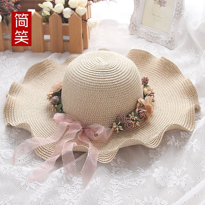

Summer Korean-style Lady Hat Large Brimmed Sun-resistant Straw Hat Outdoor Outing Topee Wave Garland Sun Hat